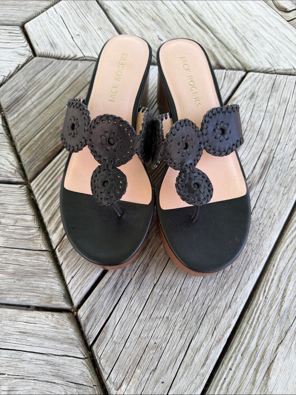 Jack Rogers Black Leather Circle Medallion Wedge Mules